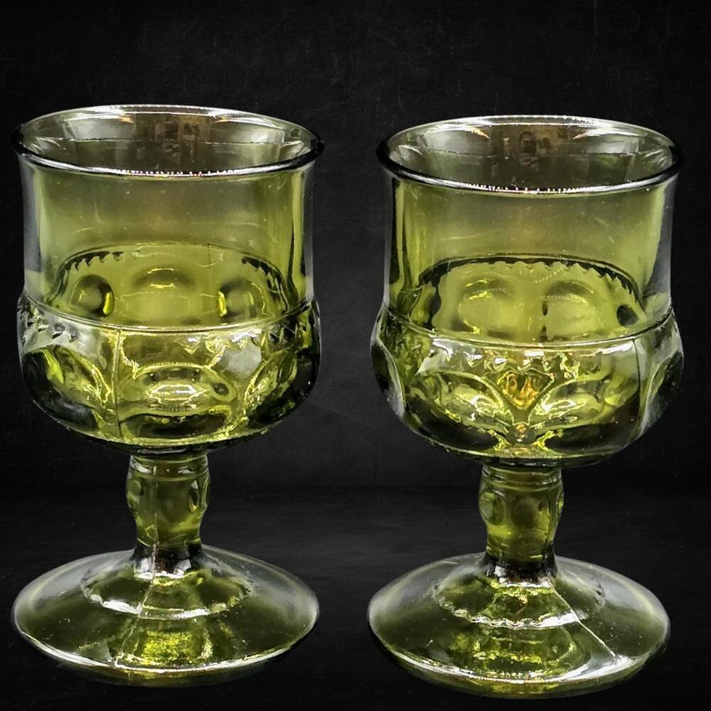 Indiana Glass King's Crown Thumbprint Green Goblets Juice Glasses Pair